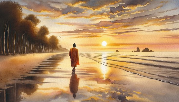 Buddha walking alone, being fearless and detached from everything